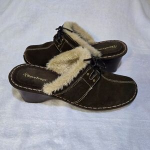 BareTraps Leather Mule Clogs Brown Faux Fur Lined Women's Size 8